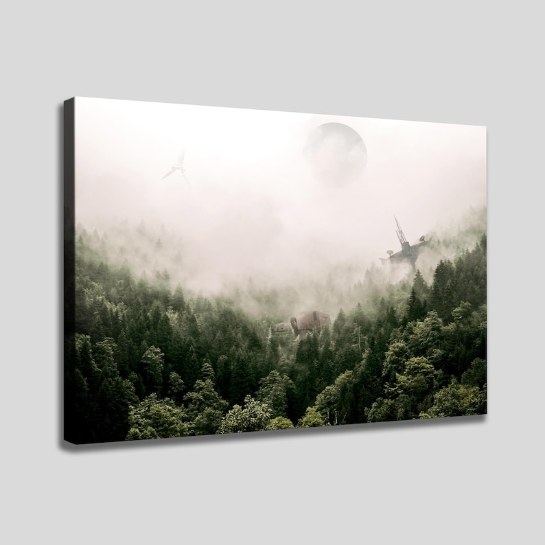 May include: A rectangular canvas print featuring a dense, dark green coniferous forest shrouded in thick white fog. A large, circular moon hangs in the pale sky above, while a mechanical walker and a distant spacecraft are visible in the mist.