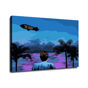 May include: A rectangular canvas print featuring a person viewed from behind, looking out at a purple-tinted body of water with palm trees on either side. Above, a dark blue sky contains a blimp with the text THE WORLD IS YOURS printed on it.