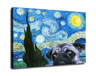 Pug in Starry Night Canvas Wall Art, Van Gogh Drawing Funny Dog Poster Print