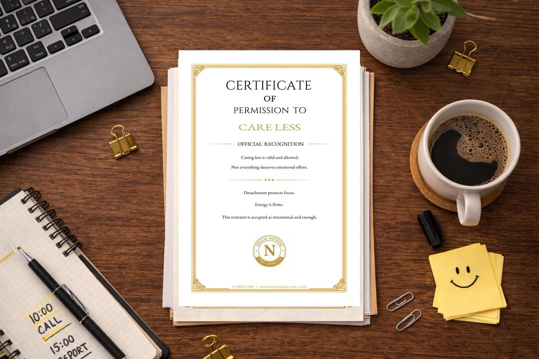 Certificate of Permission to Care Less | Work Boundaries Award (digital ...