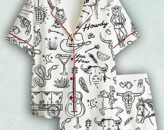 Cowgirl Whimsical Style Hand Drawn Western Bachelorette Party Satin Pajama Set, Bachelorette Cowboy Shirt PJS Gift for Fan, Nightwear Pajama