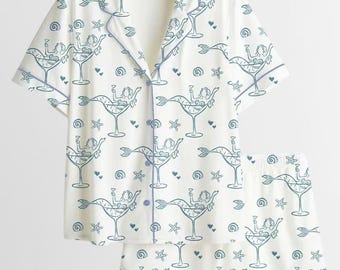 Seashells & Wedding Bells Pajamas, Coastal Bachelorette Satin PJ Set, Beach Wedding Sleepwear, Last Toast Loungewear, Bridal Party Gift Her