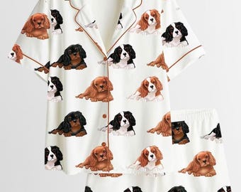 Women’s Cavalier King Charles Spaniel Pajama Set, Dog Short Sleeve Satin PJs, Cozy Sleepwear, Perfect Gift for Dog Lovers