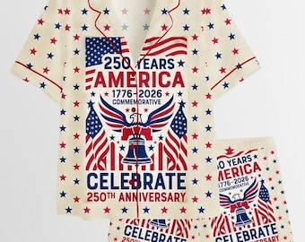 America 250 Years Anniversary Satin Pajama Set, Independence Day 1776-2026 Pjs, 4th of July Freedom Sleepwear, Luxury Patriotic Gift for Her