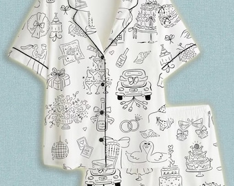 Handritade, fantasifulla bröllopsillustrationer för kvinnor, satinpyjamasset, kortärmade brudens pyjamas, möhippa och möhippa
