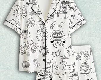 Women’s Hand Drawn Whimsical Wedding Illustrations Satin Pajama Set, Bride Short Sleeve PJs, Bridal Shower & Bachelorette Sleepwear