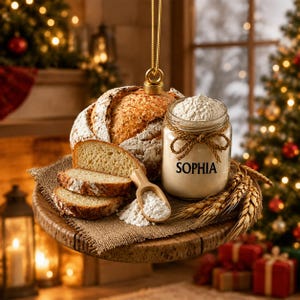 May include: A round wooden board holds a loaf of crusty bread, three sliced pieces, and a glass jar filled with white flour. The jar is tied with a brown twine bow and features the name SOPHIA printed in black. A small wooden scoop rests nearby.