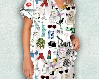 TS Version Satin Pajama Set, Unisex Short Sleeve PJs, Comfortable Loungewear Sleepwear for All Genders, Music Tour Fan T.S Pajama