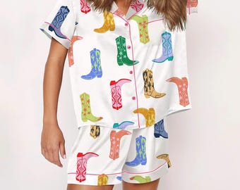 Cowboy Boot Satin Pyjama Set, Pyjamas für Liebe, Geschenke, Kleidung, Trendy.