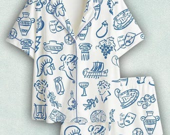 Hand Drawn Greek Food Satin Pajama Set, Short Sleeve Sleepwear, Mediterranean Print