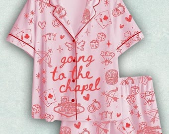 Women’s Las Vegas Chapel Coquette Bachelorette Satin Pajama Set, Bride Just Engaged Short Sleeve PJs, Bridal Shower & Party Gift
