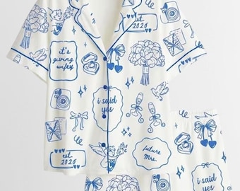 2026 Future Mrs Engagement Wedding Satin Pajama Set, Chapel Wedding Timeline Anniversary Wifey PJS Set, Hand Drawn Nightwear Gifts For Her