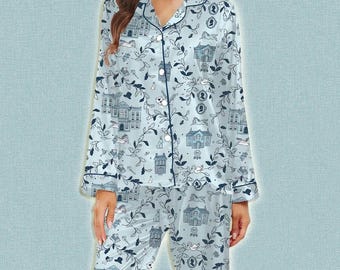 Pride & Prejudice Set – Jane Austen Pajamas with Regency Houses, Silhouettes And Teacups | Bookish Sleepwear for Literary Fans