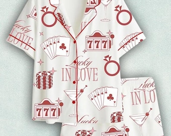 Lucky In Love Bachelorette Casino Party Los Vegas Martini Satin Pajama Set, Vacation Bachelorette Pajama, Lover Casino Xmas Merry Sleepwear