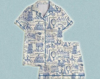 Paris Merci Vintage Set | Silky Satin Pajama Set for Women | French Toile Sleepwear | Blue Paris Print Lounge Set | Gift for Francophiles