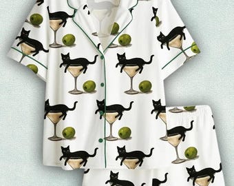 Women’s Black Cat Pajama Set, Martini & Cocktail Glass Print, Short Sleeve Satin PJs, Cat Sleepwear, Pajama Gifts for Her, Pajama Family