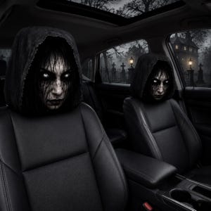 Op de afbeelding: Twee zwarte hoofdsteunhoezen voor in de auto met een geprinte afbeelding van een figuur met een capuchon, bleke huid, donker haar en lichtgevende witte ogen. Het ontwerp toont een donker, griezelig gezicht met zwarte strepen op de huid.