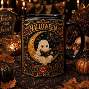 May include: A black ceramic mug featuring a detailed graphic of a white ghost reading a book while sitting on a golden crescent moon. The design includes the text HALLOWEEN at the top and LUNA at the bottom, surrounded by stars, clouds, and a pumpkin.