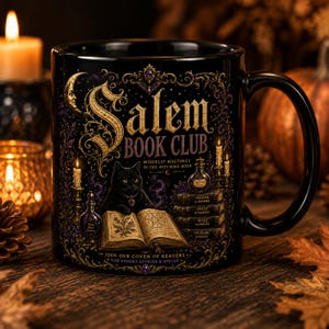 Taza vintage del club de lectura de Salem, taza de café de Halloween para amantes de los libros, taza de gato negro para lectores brujos, regalo gótico espeluznante para clubes de lectura, taza de bruja retro