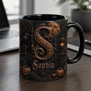 May include: A black ceramic mug featuring a large, ornate gold letter S, the name Sophia in gold lettering, and a detailed gothic scene with a raven, a full moon, bats, a wrought iron gate, and carved jack-o'-lantern pumpkins in relief.