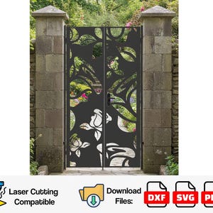 May include: Black metal garden gate with floral and leaf cutouts, set between stone pillars. The gate has a rose design and overlooks a garden. The image includes the text "Laser Cutting Compatible" and "Download Files:" with file type icons.
