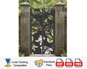 May include: Black metal garden gate with floral and leaf cutouts, framed by stone pillars. The gate features a rose design and is set against a backdrop of greenery. The image includes the text "Laser Cutting Compatible" and "Download Files:" with file type icons.