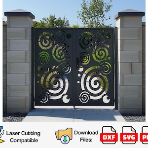 May include: Black metal garden gate with a spiral design. The gate is flanked by two stone pillars. The design features cut-out spirals and circles. The gate is laser cutting compatible and available in DXF, SVG, and PNG file formats.