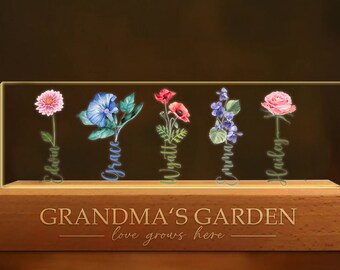 Custom Grandma's Garden LED Night Light, Custom Birth Month Flower with Kids Names Night Light, Birthday, Mother's Day Gift for Grandma Mom