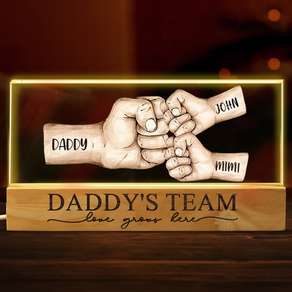 Daddy's Team Fist Bump Personalized Acrylic LED Night Light, Father's Day Gift For Dad, For Grandpa, For Husband