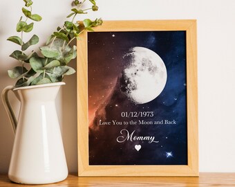 Personalized Mother's Day Gifts-Wooden Moon Photo Frame-Moon Phase Print by Date-Custom Birthday Gift-Custom Special Date-Custom Lunar Phase