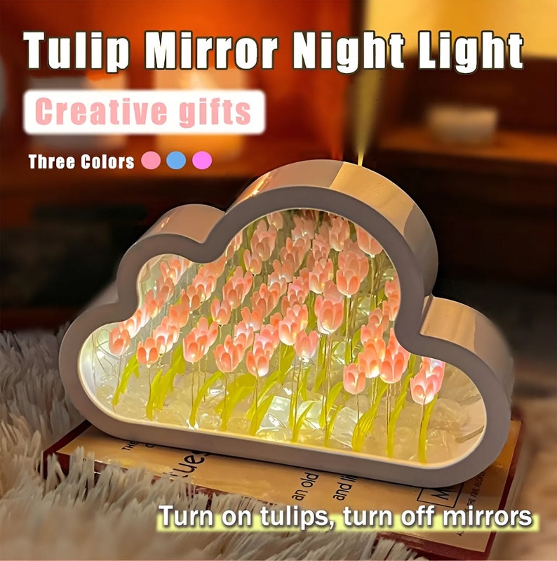 DIY Cloud Tulip LED Night Lights Girl Bedroom Ornaments Creative Photo Frame Mirror Table Lamps Bedside Handmade Birthday Gifts zdjęcie 1