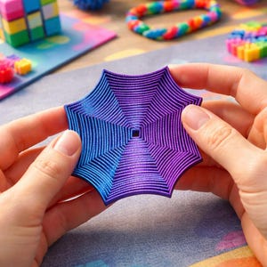 May include: A blue and purple geometric toy is held in the centre of the image. The toy has a radial design with a square centre. Other colourful toys are in the background.