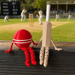 May include: A red cricket ball character with white stripes and a tan cricket bat character, both featuring articulated limbs, sitting side-by-side. The ball has a round body and the bat has a long, flat, rectangular body with a white top section.