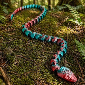 May include: A red and teal articulated snake toy, lying on green moss. The toy's segmented design allows for flexible movement, resembling a real snake. The forest setting complements the toy's natural appearance. The toy is approximately 100 cm long.