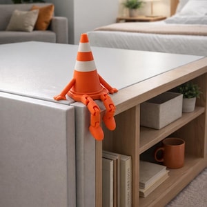 May include: A novelty orange and white traffic cone figure with poseable limbs sits on a wooden shelf unit. The unit has open shelves and a grey top. The background shows a bedroom setting with a bed and a sofa.