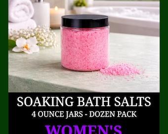 12 Small Jars of Sea Salt Bath Salts in Women’s Fragrance and Color Choice. 4-oz Jar Bulk Quantity.