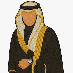 Puede incluir: Ilustración de una persona con vestimenta árabe tradicional. La figura está representada con una túnica marrón oscuro con detalles dorados, un tocado blanco y una faja dorada. Se ve un reloj de pulsera.