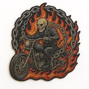 Flaming Skeleton Biker Embroidered Patch | Skull Motorcycle Rider Iron On Patch