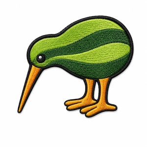 May include: Embroidered patch featuring a kiwi bird design. The kiwi has a green and dark green striped body, an orange beak and legs, and a black outline. The patch is on a white background.