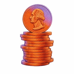 Op de afbeelding: Een stapel oranje munten met een grotere munt bovenop. De bovenste munt toont een profiel van een persoon met een verloop van paars en oranje. De munten zijn gestapeld op een witte achtergrond.