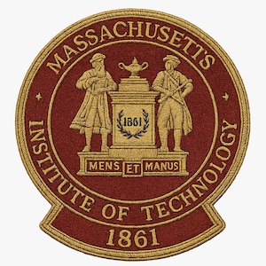May include: Embroidered patch featuring the Massachusetts Institute of Technology seal. The design includes a red circular background with gold lettering and detailing. The text reads "MASSACHUSETTS INSTITUTE OF TECHNOLOGY" and "1861". Two figures flank a central emblem.