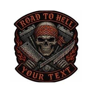 Écusson arrière motard crâne Road To Hell, écusson gilet brodé moto club gothique