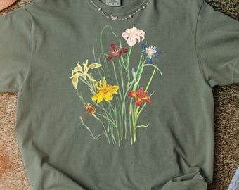 Iris Flower Shirt, Moss Floral Tee, Cottagecore Flower Shirt, Comfort Colors Wildflower Shirt, Botanical Aesthetic Top