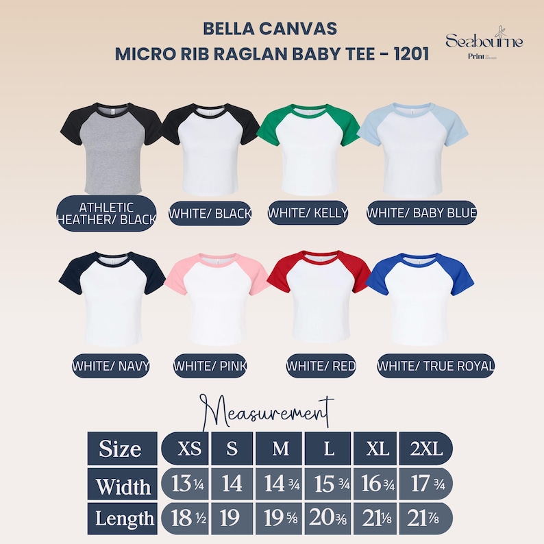May include: A selection of Bella Canvas Micro Rib Raglan Baby Tees in various color combinations, including white with black, navy, pink, red, and true royal sleeves. The image also displays size measurements in inches.