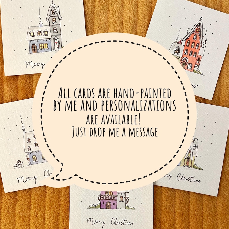 May include: A collection of hand-painted Christmas cards, each depicting a different snow-covered house illustration. The cards feature the words "Merry Christmas" or "Merry". The image also includes the text: "All cards are hand-painted by me and personalisations are available! Just drop me a message."