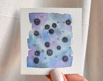 Original Watercolor Soot Sprite Painting with gold detail, Personalisable