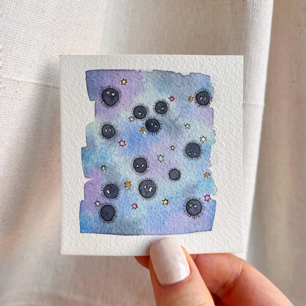 Pintura original em aquarela de um espírito da fuligem com detalhes em dourado, personalizável.