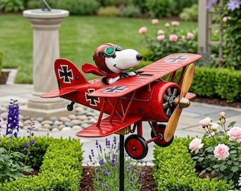 Red Baron Snoopy Flying Ace Doppeldecker Windmühle - Metall Garten Wind Spinner - Luftfahrt Yard Art - Schrulliges Terrasse Dekor - Rasenornament im Freien
