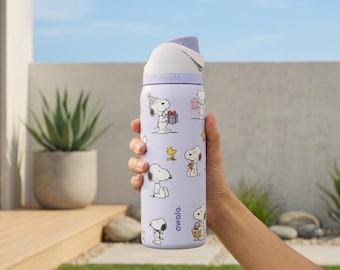 Botella de agua Owala FreeSip de acero inoxidable con aislamiento térmico, inspirada en Snoopy y sus amigos, hecha a mano, con diseño personalizado de Peanuts.