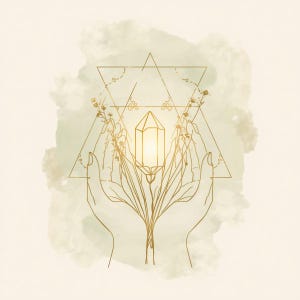 Puede incluir: Ilustración dorada que muestra manos sosteniendo un cristal brillante, con detalles florales y formas geométricas. El diseño se presenta sobre un fondo suave, estilo acuarela, en tonos verdes y crema, evocando espiritualidad.